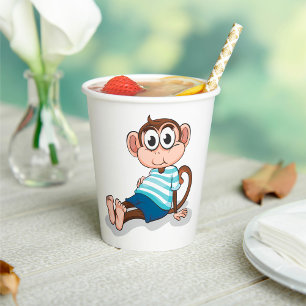 Cute Monkey in Blue Striped Shirt and Shorts Paper Cups