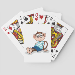 Cute Monkey in Blue Striped Shirt and Shorts Playing Cards