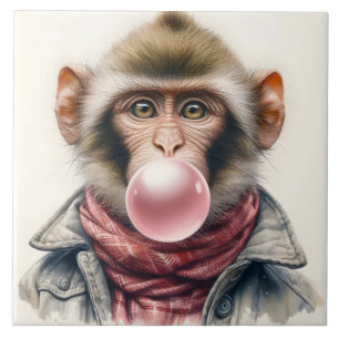 Cute Monkey In Scarf and Jacket Bubble Gum Tile
