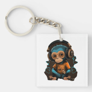 Cute Monkey Listening Music, Music Immersed Monkey Keychain