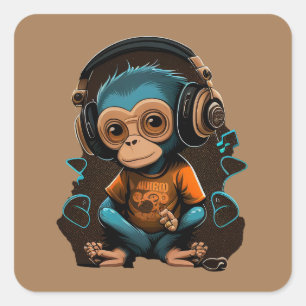 Cute Monkey Listening Music, Music Immersed Monkey Square Sticker