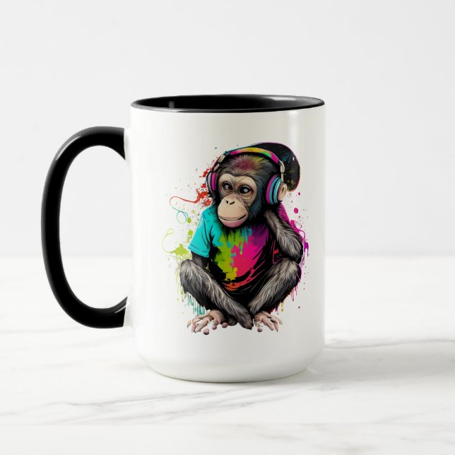 Cute Monkey Listening Music, Music Obsessed Monkey Mug (Left)