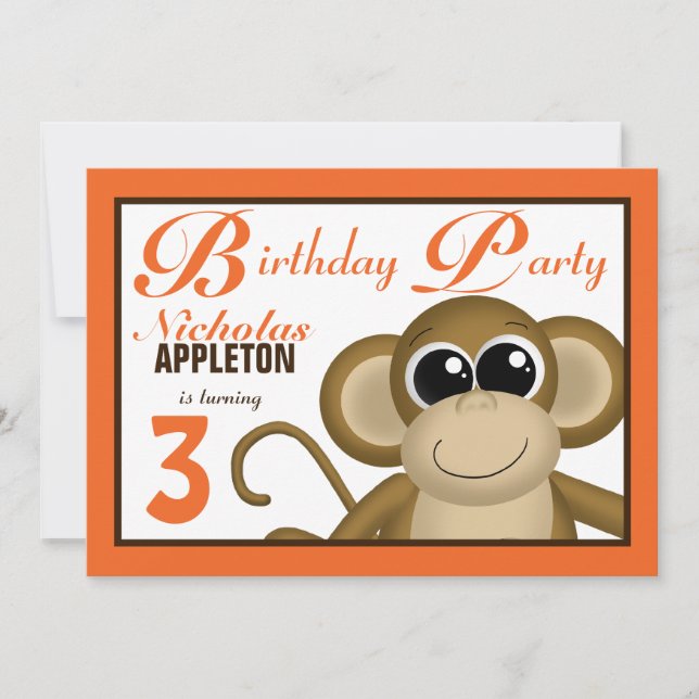 Cute Monkey Orange Birthday Party Invitations (Front)
