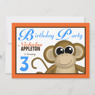 Cute Monkey Orange Blue Birthday Party Invitations