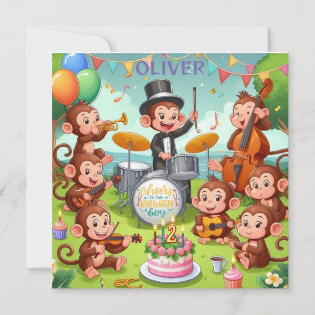 cute monkey orchestra 2 year old birthday boy Baby Holiday Card (Front)