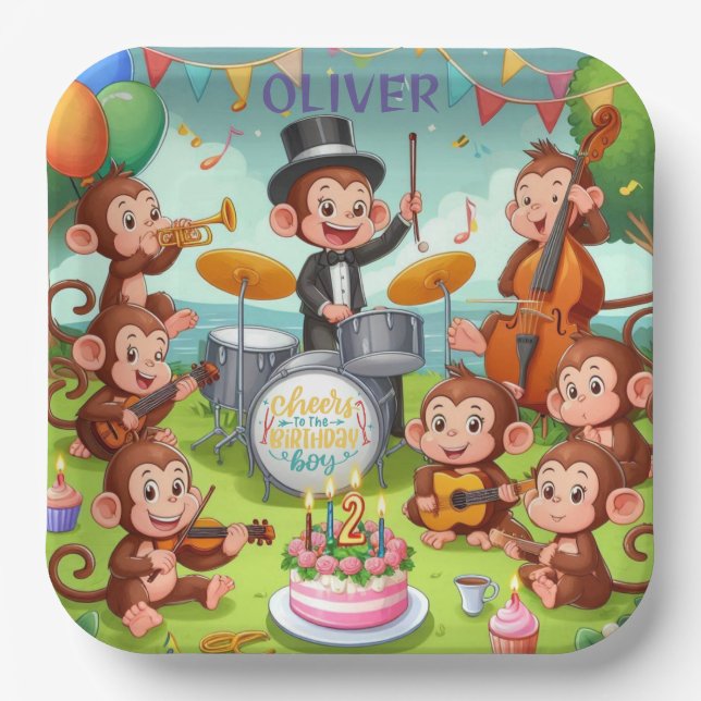 Cute monkey orchestra 2 year old birthday boy Baby Paper Plate (Front)