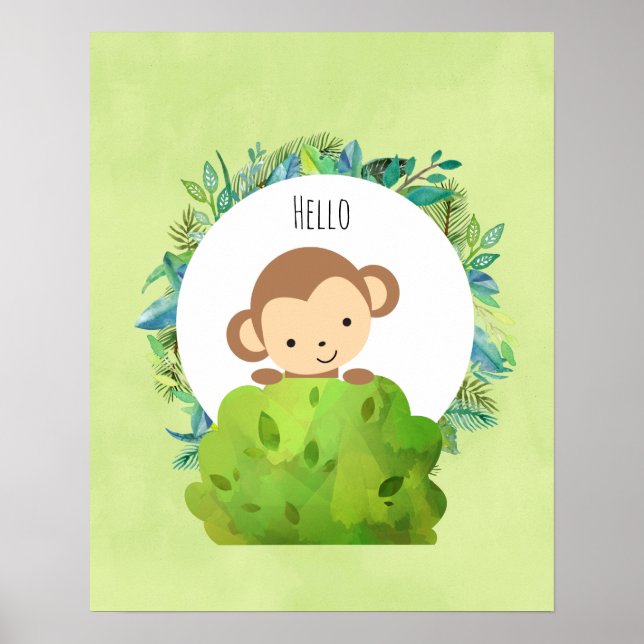 Cute Monkey Peeking Out from Behind a Bush Hello Poster (Front)
