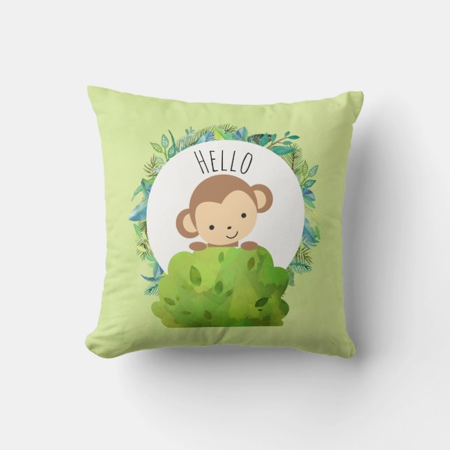 Cute Monkey Peeking Out from Behind a Bush Hello Throw Pillow (Front)