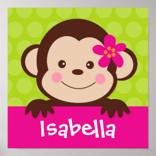 Cute  Monkey Personalized Name Art Print girl Kids