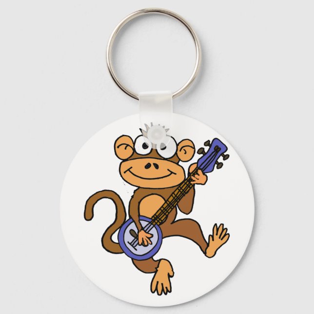 Cute Monkey Playing Banjo Cartoon Keychain (Front)