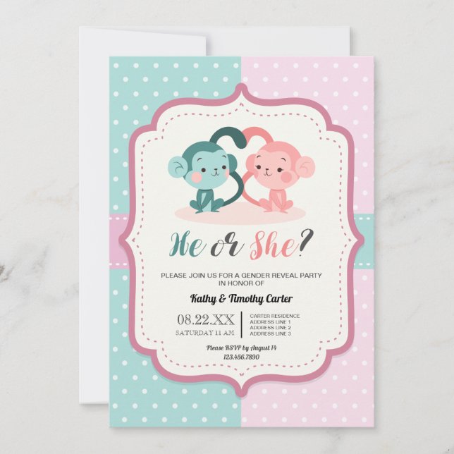 cute monkey polka dots gender reveal party hearts invitation (Front)