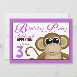 Cute Monkey Purple Birthday Party Invitations