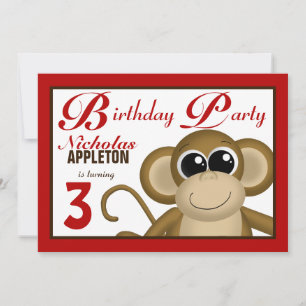 Cute Monkey Red Birthday Party Invitations