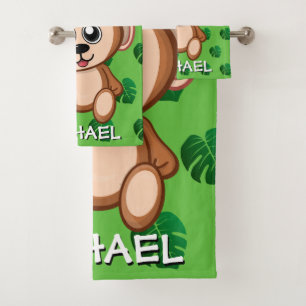 Cute Monkey Safari Green Cartoon Jungle Name Bath Towel Set