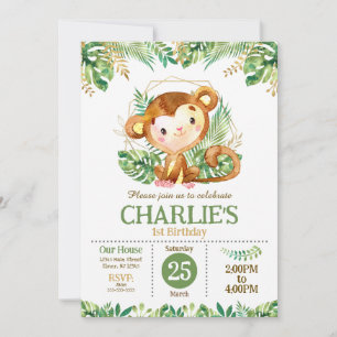Cute Monkey Safari Jungle Party 1st Birthday  Invitation