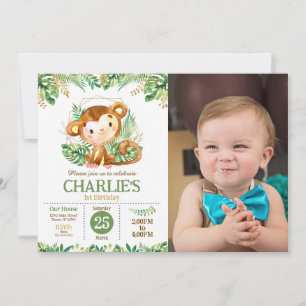 Cute Monkey Safari Jungle Party 1st Birthday Photo Invitation