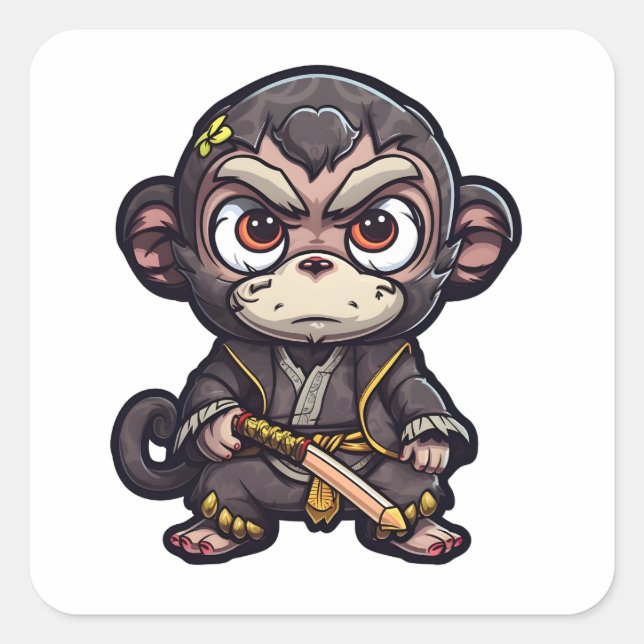 Cute Monkey Samurai Eye-catching Adorable Monkey Square Sticker (Front)