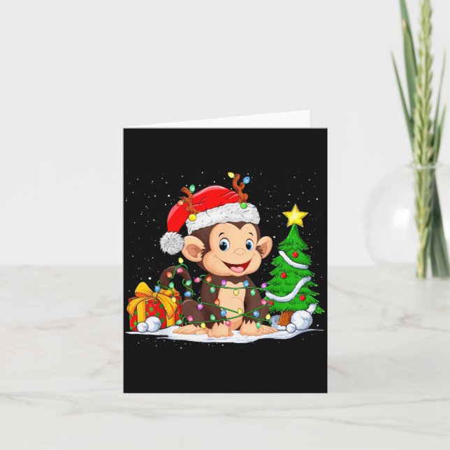 Cute Monkey Santa Christmas Tree Lights Xmas Pajam Card (Front)