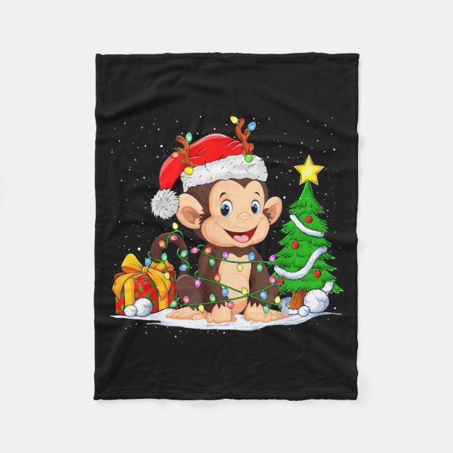 Cute Monkey Santa Christmas Tree Lights Xmas Pajam Fleece Blanket (Front)