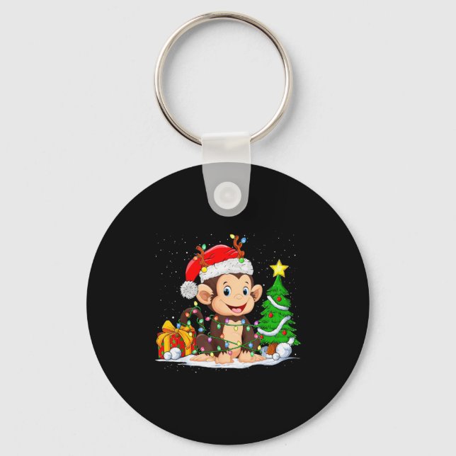 Cute Monkey Santa Christmas Tree Lights Xmas Pajam Keychain (Front)