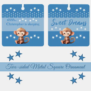 Cute monkey shhh add name is sleeping blue metal ornament