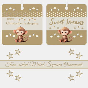 Cute monkey shhh add name is sleeping brown metal ornament