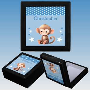 Cute monkey stars add name blue keepsake gift box