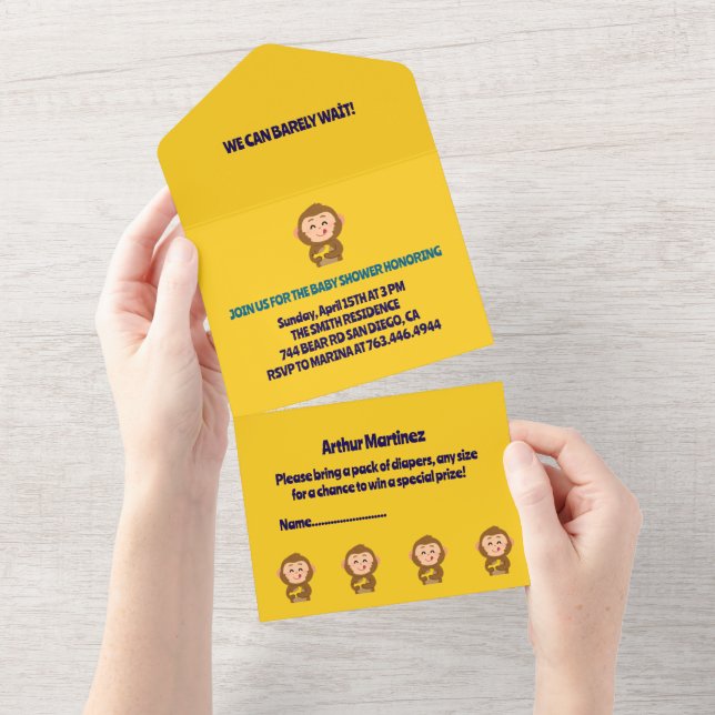 Cute Monkey Theme Boy Baby Shower  All In One Invitation (Tearaway)