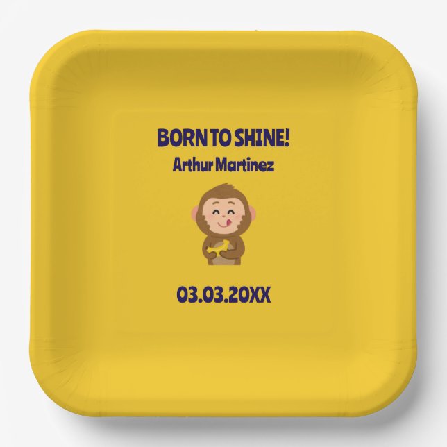 Cute Monkey Theme Boy Baby Shower  Paper Plate (Front)