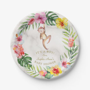 Cute Monkey Tropical Floral Girl Baby Shower Paper Plate