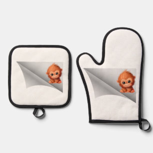 cute monkey under the patch oven mitt & pot holder set