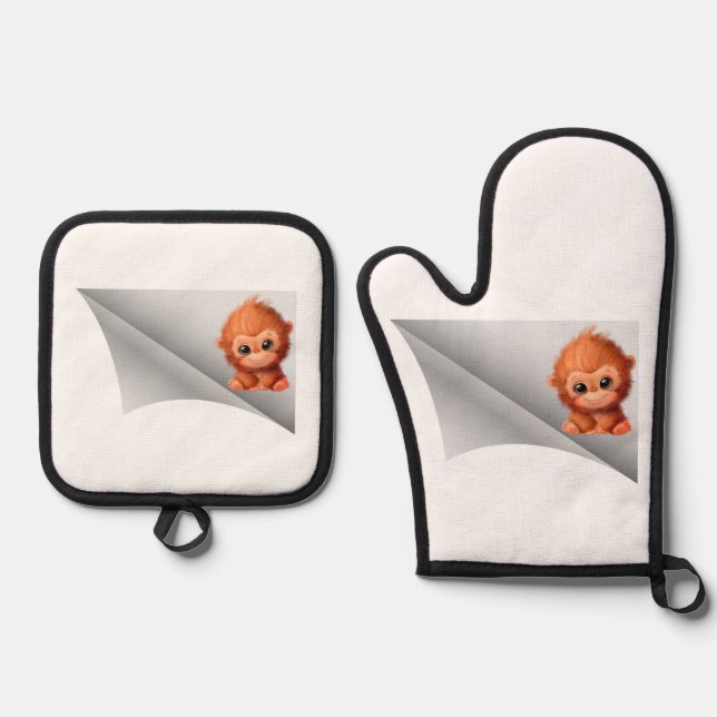 cute monkey under the patch oven mitt & pot holder set (Front)