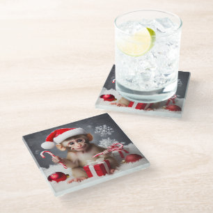 Cute monkey with a Santa hat Glass Coaster