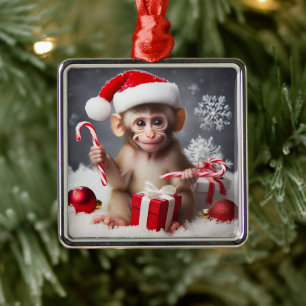 Cute monkey with a Santa hat Metal Ornament