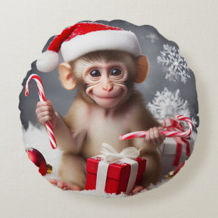Cute monkey with a Santa hat Round Pillow