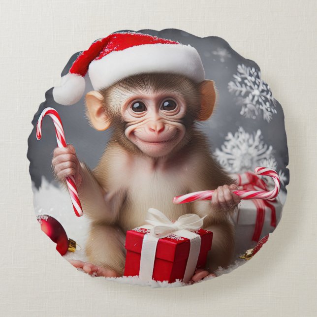 Cute monkey with a Santa hat Round Pillow (Front)