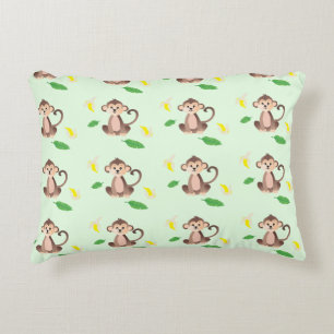 Cute Monkey With Banana Peels Tropical Leaf Accent Pillow