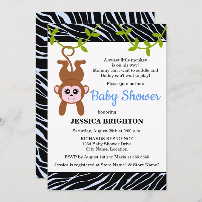 Cute Monkey Zebra Stripes Baby Shower Invitation (Front/Back)