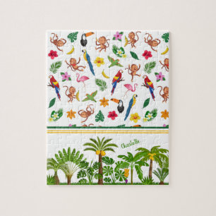 Cute Monkeys and Bananas in Jungle Pattern Jigsaw Puzzle