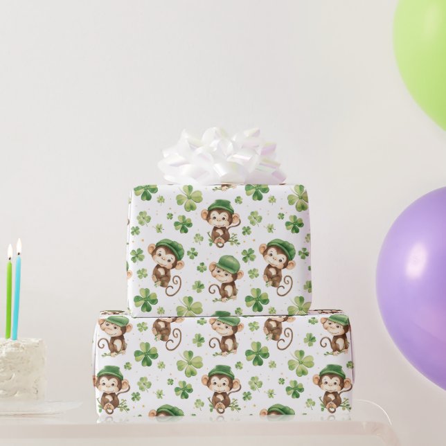 Cute Monkeys Green Hat Shamrock St. Patrick's Day Wrapping Paper (Party Gifts)