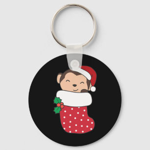 Cute Monkeys In Christmas Stockings For Christmas Keychain