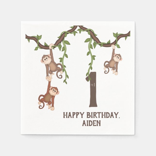 Cute Monkeys Kid's 1st Birthday  Napkin (Front)
