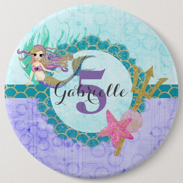 Cute Monogram Age Mermaid Teal & Purple Birthday 6 Inch Round Button (Front)