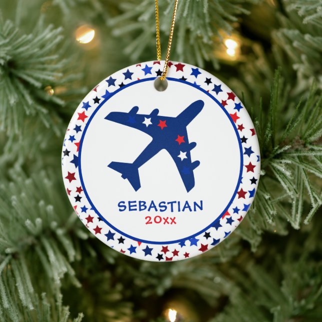 Cute Monogram Airplane Stars Christmas Ceramic Ornament (Tree)