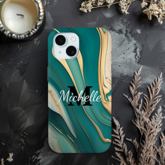Cute Monogram Aqua Gold Fluid Art Marble Aesthetic Case-Mate iPhone Case (Monogram Aqua and Gold Marble Sleek - Choose Your Phone Type)