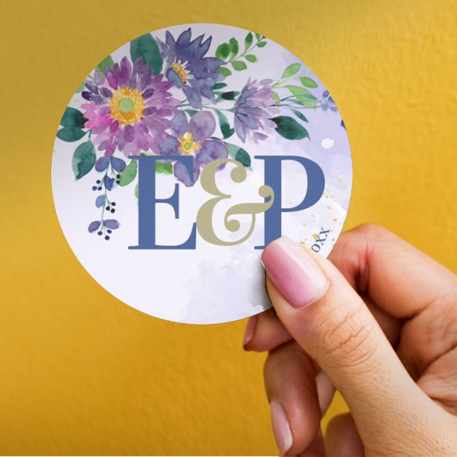 Cute Monogram Beautiful Purple Blue Floral Wedding Classic Round Sticker (Creator Uploaded)