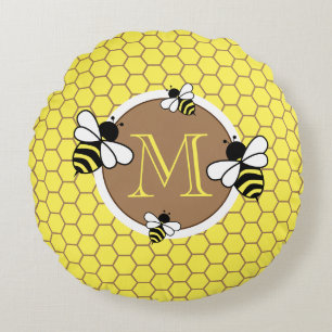 Cute Monogram Bees Honeycomb Pattern Nursery Round Pillow