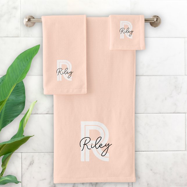 Cute Monogram Blush Pink Modern Retro Trendy Bath Towel Set (Creator Uploaded)