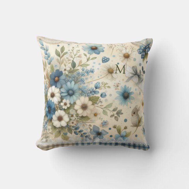  Cute Monogram Bunny Blue , Green & White Florals Throw Pillow (Front)