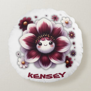 Cute Monogram Burgundy and White Flower on White Round Pillow